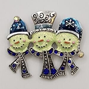 Jolly Snowman Snowmen Christmas Brooch Rhinestone and Enamel Blue & Silver Tone